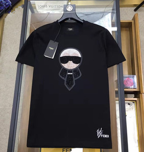fendi/芬迪新款老佛爷烫钻刺绣字母logo圆领短袖男t恤女上衣tee潮