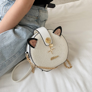 小ck女包可爱猫咪2022新潮小圆包星空亮片链条百搭单肩斜挎圆形包