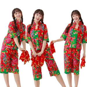 东北大花布睡衣衣服女碎花村姑上衣农村大妈遮肚b子裙摆小衫抖音