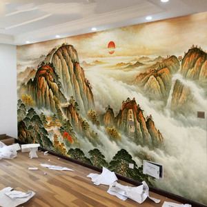 老板办公室无水靠山墙纸泰山电视背景墙壁纸8d中式客厅山水画壁画