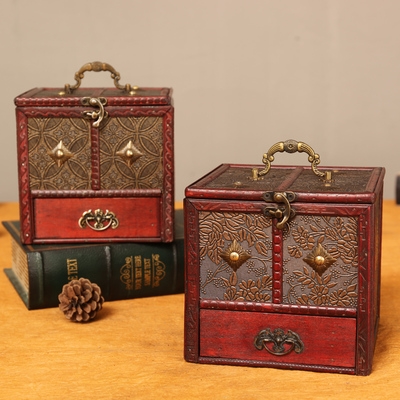 高档古风梳妆匣化妆盒结婚戒指项链首饰盒带镜子多层抽屉式木质收