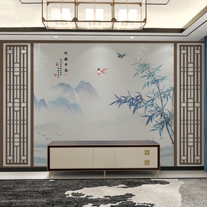 新中式古典飞鸟壁画竹报平安墙纸山水花鸟客厅电视背景墙壁纸壁画
