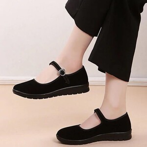 老北京布鞋女士黑平绒鞋酒店工装鞋搭扣带黑色春秋单鞋舞蹈布鞋子