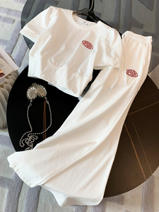 韩国白色休闲运动套装女夏季高级感时尚洋气网红减龄阔腿裤两件套