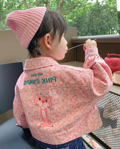 女童秋装2021新款亲子装韩版洋气夹克牛仔外套儿童粉色豹纹外套潮