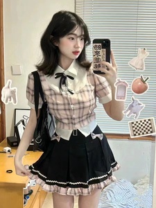 麻衣学姐韩系少女学院风甜酷假两件格子衬衫黑粉jk制服套装小个子
