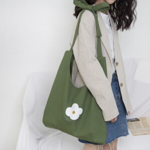 能放下雨伞的包包绿色帆布袋单肩斜挎大容量小花文艺女包包学院风