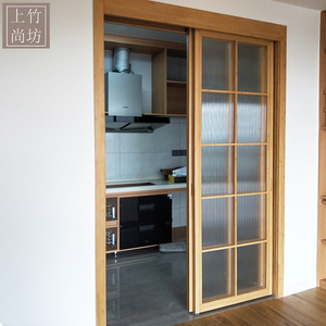 长虹玻璃屏风隔断三联动厨房移门原木风北欧日式极简推拉门定制