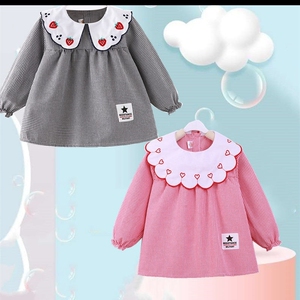 儿童网红罩衣防水防脏女孩纯棉格子秋冬洋气宝宝围裙公主反穿护衣