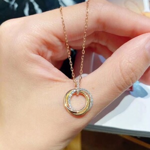 卡地亚三环戒指18k玫瑰金白金镶钻满钻男女情侣对戒 项链 耳钉