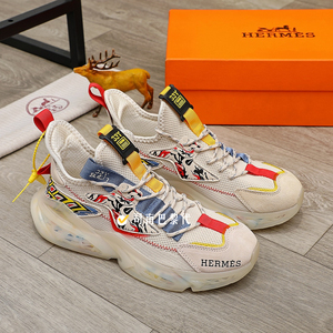 代购hermes/爱马仕21新款彩色拼色老爹鞋厚底休闲鞋圆头系带男鞋