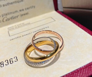 cartier卡地亚三环三色戒指纯18k金无钻镶钻宽窄版字母情侣对戒