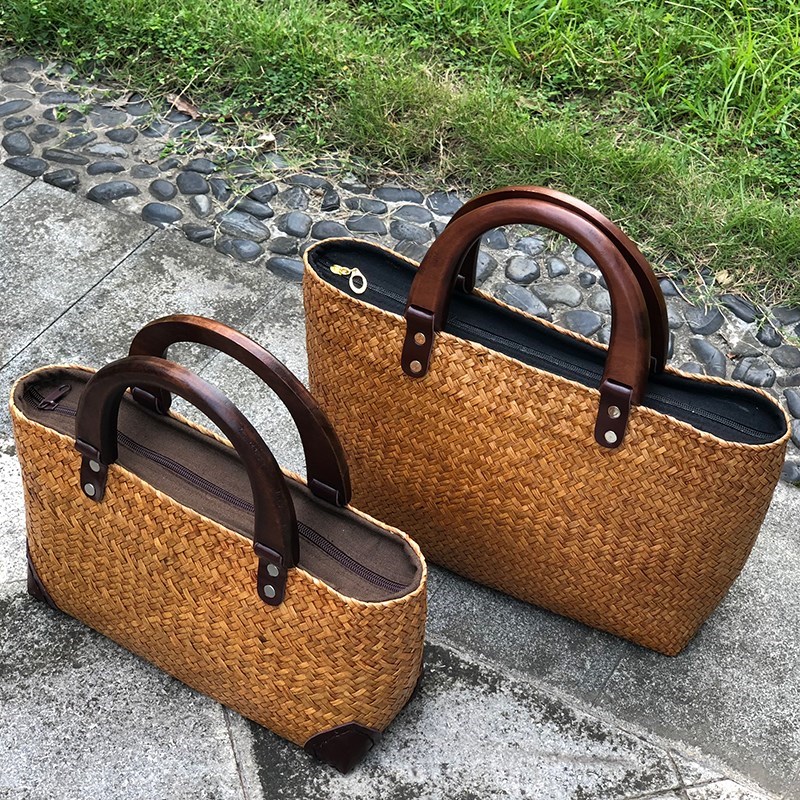 滕编的手提包手工草编包藤编包文艺复古木柄手提包编织女包竹编包