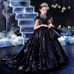 儿童礼服公主裙洋气拖尾小主持人儿童走秀生日黑色霸气钢琴演奏服