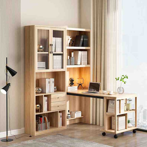 实木书桌书柜组合简约现代卧室可折叠电脑桌带书架伸缩写字办公桌