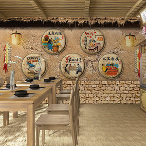 农家乐饭店墙纸复古乡村风格农家菜东北铁锅炖湘菜馆餐饮装饰壁纸