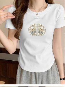 中式国风盘扣重工短袖T恤女纯棉刺绣短款修身下摆弧形上衣‮茵曼