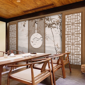 新中式风格背景墙壁纸饭店屏风壁画养生馆包厢墙纸茶室3d立体壁布