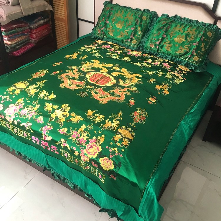 婚庆四件套龙凤百子图被套杭州丝绸缎全棉床单新房绿被罩结婚用品