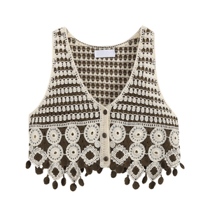 yoyo club大码女装港味复古v领撞色流苏叠穿镂空马甲夏季无袖上衣