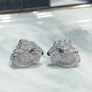 卡地亚豹头耳钉18k玫瑰金白金满钻镶钻豹子男女情侣款 耳夹 戒指