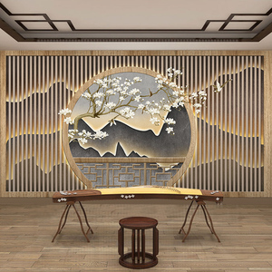 复古中式屏风墙纸中国风花鸟餐厅古筝琴行教室背景墙直播拍照壁纸