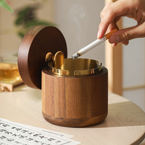 新中式烟灰缸带盖实木办公室大气上档次家用创意潮流个性木质烟缸