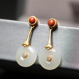正品老凤祥福和田玉小平安扣耳坠纯银金镶玉配南红耳饰环钉送妈妈