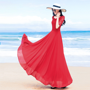大红色雪纺连衣裙2024新品气质显瘦长款大摆波西米亚沙滩长裙女夏