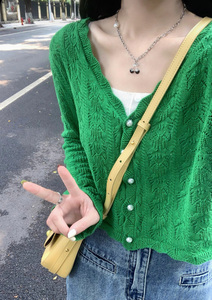 绿色短款冰丝针织开衫女学生春秋季薄款外搭披肩罩衫长袖上衣外套