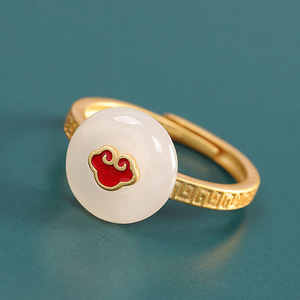 老凤祥和中国风古法金和田玉如意戒指女轻奢小众平安扣开口指环镀