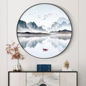新中式玄关装饰画圆形山水画客厅沙发背景墙面壁画办公室茶室挂画