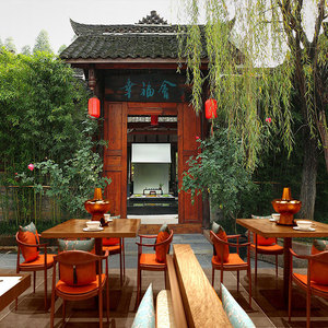 古建筑大门庭院复古怀旧墙纸茶室茶馆火锅店壁纸中国风特色壁画