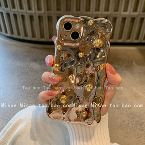 创意金珍珠电镀金色个性适用iphone14pro max苹果12手机壳11全包15卡通13男女爱心链条