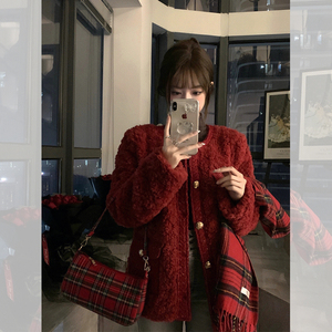 红色小香风羊羔毛绒厚外套女冬季短款2024新款小个子环保皮草大衣