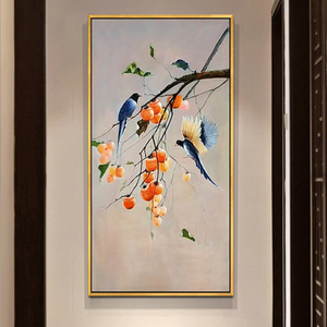 入户玄关手绘油画新中式柿柿事事如意喜鹊装饰画竖版走廊过道挂画