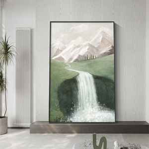 玄关装饰画客厅手绘油画背有靠山水绿色瀑布高山流水生财风景挂画