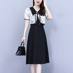 大码中国风高端套装女夏季新款短款印花上衣黑色吊带裙显瘦两件套