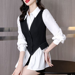 春秋新款设计感小众假两件衬衫女黑白撞色收腰显瘦拼接POLO领上衣