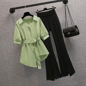 胖妹妹时尚气质套装秋季大码女装设计感显瘦绿色衬衫微喇裤两件套
