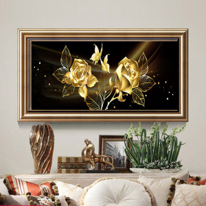钻石画5d满钻diy手工点钻十字绣卧室大幅横版金色花卉玫瑰钻石绣