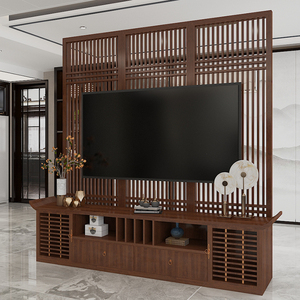 实木电视柜背景墙一体屏风隔断客厅中间隔断置物柜电视墙新中式