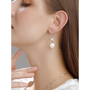 气质纯银耳环女长款珍珠耳坠耳钉日韩国版简约无耳洞耳夹结婚饰品