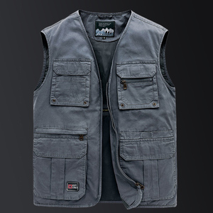 男士名牌马夹无领夏季薄款棉布坎肩工装多口袋多功能导演马甲宽松