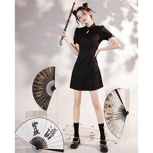 黑色旗袍2024年新款国潮改良年轻款少女小个子新中式连衣裙中国风