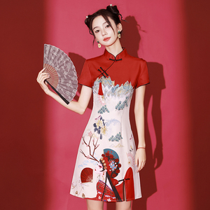 国潮旗袍改良年轻款少女短款小个子日常新中式连衣裙女夏季红色