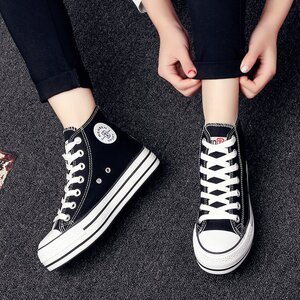 人本帆布鞋女高帮学生球鞋女松糕厚底黑色高帮鞋高腰布鞋韩版女鞋