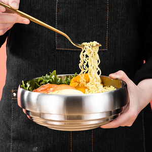 韩式冷面碗金色拌饭碗双层不锈钢网红韩国拉面耐高温防烫大酱汤碗