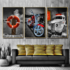 复古工业风客厅装饰画沙发背景墙三联画l黑白机车汽车酒吧ktv挂画