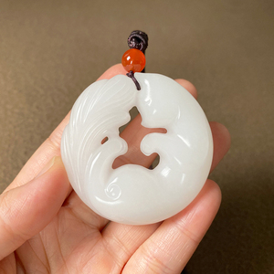 新疆和田玉白玉籽料吊坠九尾狐吊坠挂件玉牌玉挂坠玉石狐狸吊坠